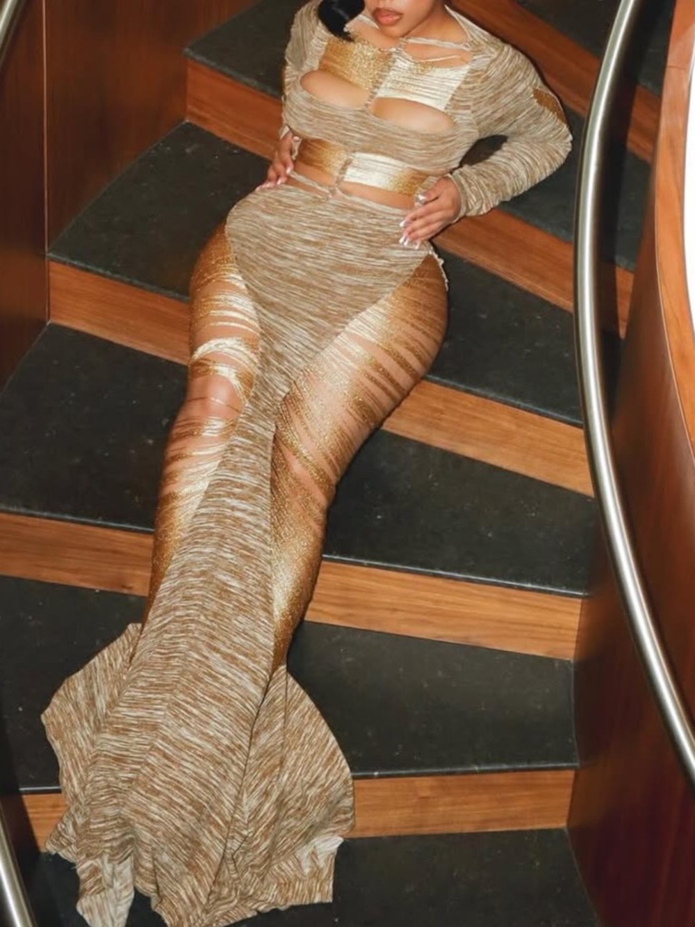 Gold and Beige Cutout Metallic Maxi Dress